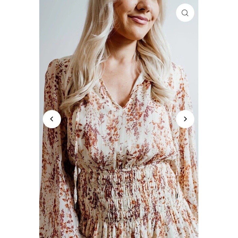 By Together South Moon Under Cream long sleeve boho Floral Mini Dress M